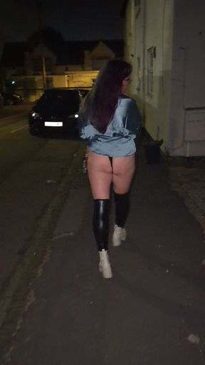 Hotwife, slut walking home at night after her meet, flashing in public.