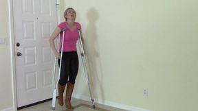 Sexy blonde gets sprained ankle in new boots limps then uses crutches in two outfits