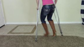 Sexy blonde gets sprained ankle in new boots limps then uses crutches in two outfits