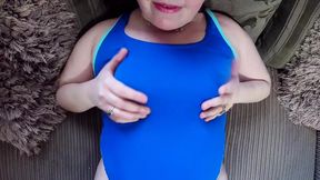 wife in sexy blue swimsuit playing with pussy