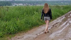 Aliona is walking barefoot in mud, barefoot muddy walk, muddy feet, dirty feet, girl in mud