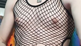 Real Trans Futa Woman Milks Her Huge Pipe in Fishnets