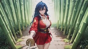 Blue-Haired Samurai! Forbidden Service in the Bamboo Grove. What secrets hide under that high-slit kimono? Kneeling with a blade but eyes lost... Who dares to touch her chest?