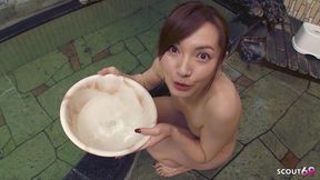 slim japanese wife get intense orgasm at public wellness area while fingering her hairy pussy