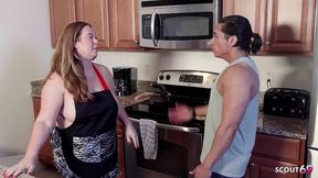 curvy mature step-mom seduce to fuck in kitchen by boy when home alone