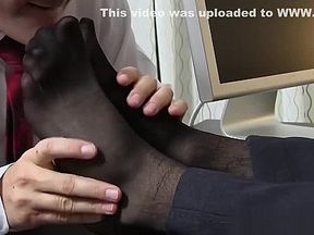 Pervert employee worships boss feet after work in his office