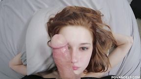 Teeny Alaina Dawson works her mouth on a big dick and gets facialized POV style