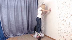 Blonde with nice ass tramples head and chest of a gentleman, vf1646h 720p