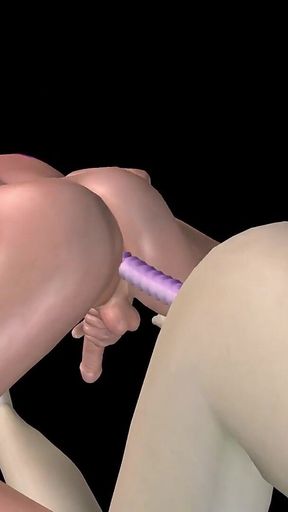 Animated 3D Porn - Beautiful Girl and Asian Man Double Dildo Doggy While Man Stroking