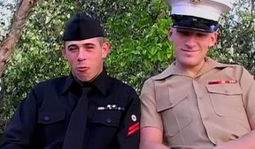 Uniformed army men Josh Williams and Matt Woods suck dicks