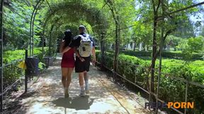 Watch this busty European tourist babe lick a hard cock in Seville
