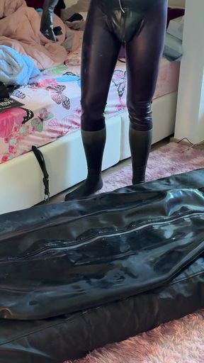 Wife drives her husband to orgasm with ESTIM in Inflatable Full Body Latex Bondage Bag. Restricted Breathing - Gagged&hellip;   Clip 2