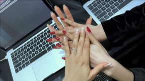 Goddesses typing on the computer in the office