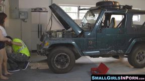 Car mechanic with massive tool ravishes petite hottie passionately