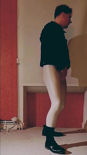Masturbation through White Vinyl Leggings