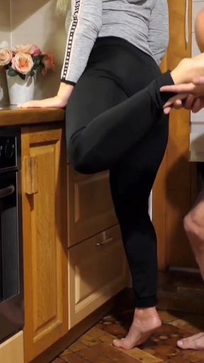 Amateur Blonde Mature Wife Enjoys Feet Worship and Sex in a Kitchen