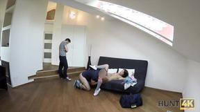 Whore rides stranger's phallus while cuckold watches this