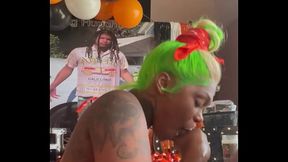 Thick ebony babe gives birthday cock a sloppy deepthroat