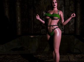 Busty doppelganger Lara Croft in sexy bikini show off oiled body in cave