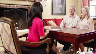 White couple discuss contract before engaging in hot orgy