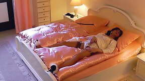 Early morning cumshot in silk satin and nylon stockings