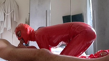 Milf in latex catsuit gives blowjob and swallows cum