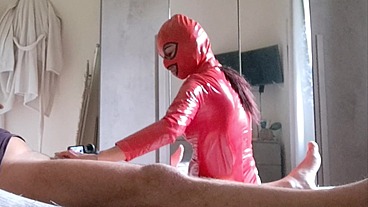 Milf in latex catsuit gives blowjob and swallows cum