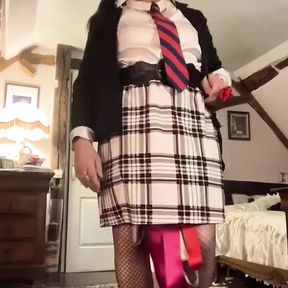 In a secretary outfit with a white plaid skirt