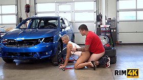 Chloe Lamour gets her big tits and asslicked in the garage by a mechanic