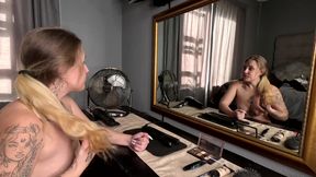 SEXY TATTOOED BLONDE girl doing her hair and makeup NAKED