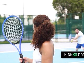 Curvy black teen Willow Ryder screws with her tennis trainer after practice