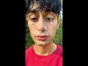 Walk and jerk off with cum mess on face by stranger outdoor