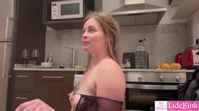 Girlfriend in see through bodysuit eating dick in kitchen