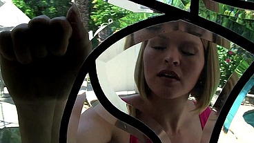 Hot blonde with big boobs, Krissy Lynn, gives a blowjob to a big black cock that pops...