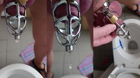 pissen im peniskafig mit katheter in strumpfhose