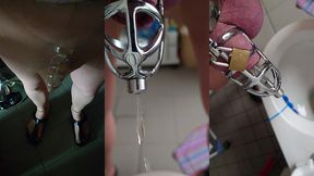 pissen im peniskafig mit katheter in strumpfhose