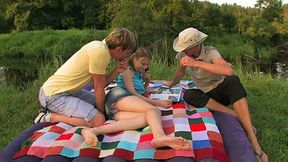 Slutty Russian amateur teen on the picnic with two boys