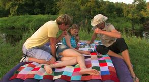 Slutty Russian amateur teen on the picnic with two boys