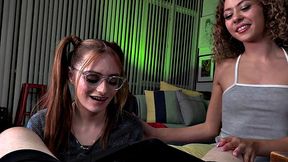 21yo chicks jerk cock in POV 3some while talking dirty