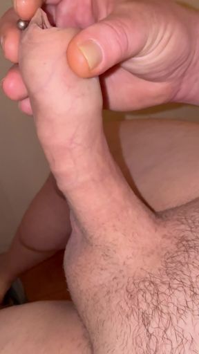 Huge mushroom cockhead with long foreskin shooting his load while moaning hard