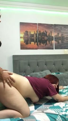 On all fours I fuck my lesbian neighbor's pussy with my strap-on in her room