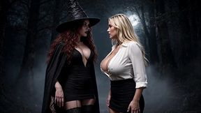 spells and sex - sexy witch in black mini meets blonde in forest, lesbian play & magical fuck ai generated