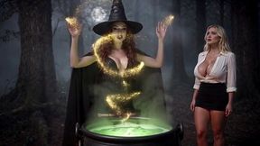 spells and sex - sexy witch in black mini meets blonde in forest, lesbian play & magical fuck ai generated