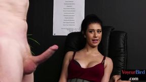 Hot babe gets dominated in office CFNM seduction, dude's huge boner on her.