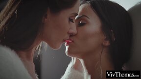 Lesbian brunettes explore each others shaved pussies