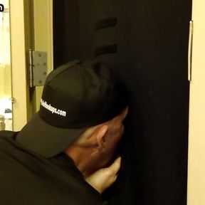 Gloryhole amateur DILF sucks and wanks BFs penis at home