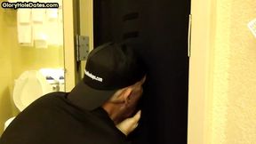 Gloryhole amateur DILF sucks and wanks BFs penis at home