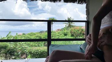 Milf honeymoon wife bounces her cock in paradise balcony riding dick till she sweatin