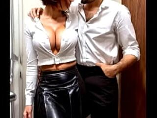 Breasty aged mother i'd like to fuck in a short leather petticoat has her spouse jerking and cumming on her in the washroom - AI Illustrated leather porn fantasy
