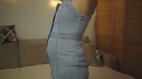 Denim dress try on